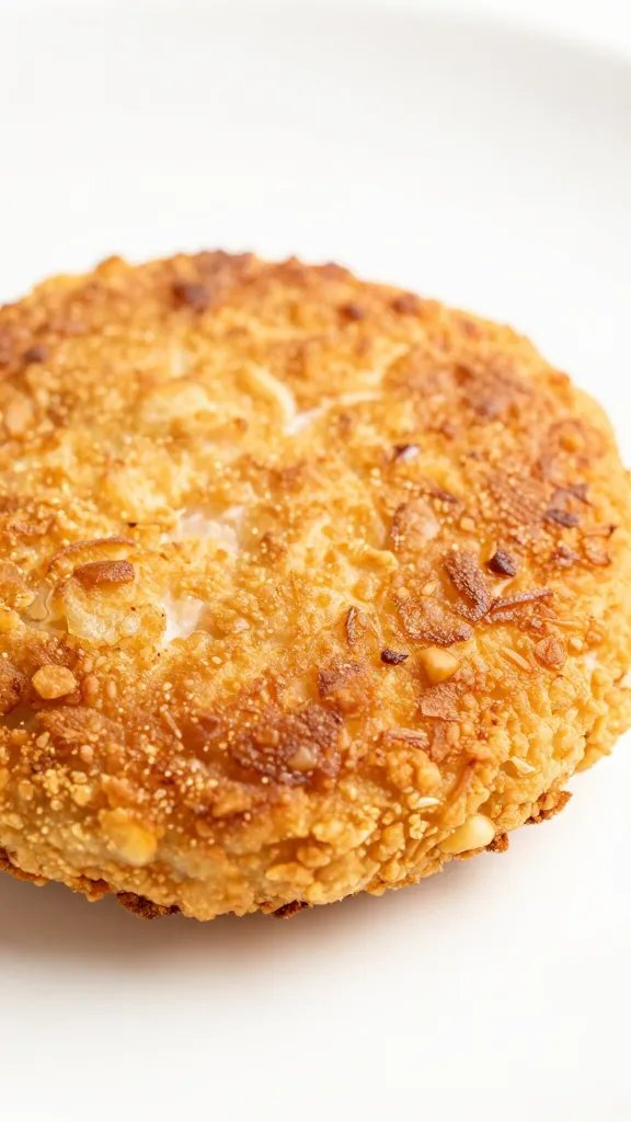 Closeup of a single air-fried salmon cake crust with golden crust
