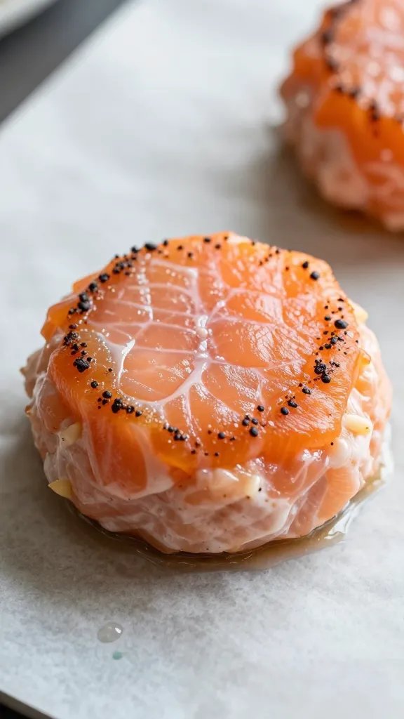 Macro shot of a chilled salmon cake being formed on parchment