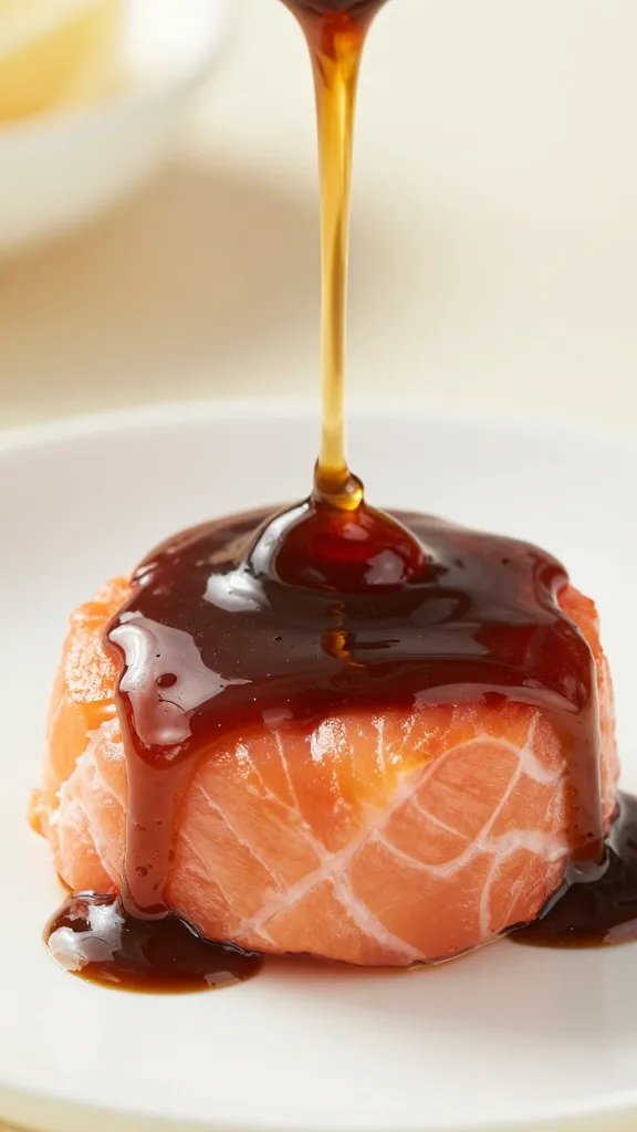 Closeup of a glossy dipping sauce drizzle over a single salmon cake