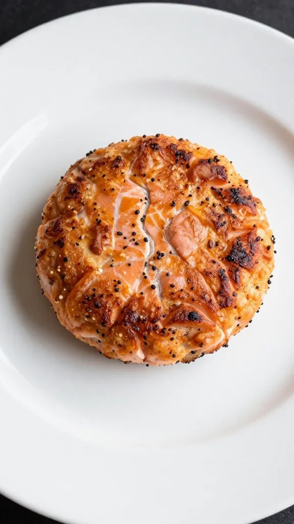 Profile shot of a single salmon cake resting on a white plate
