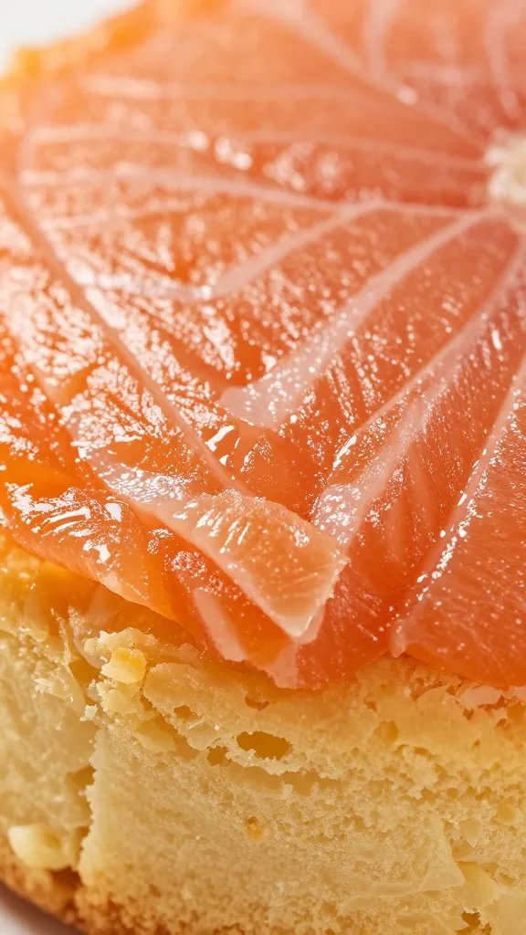 High-detail closeup of flaky salmon texture inside a single cake