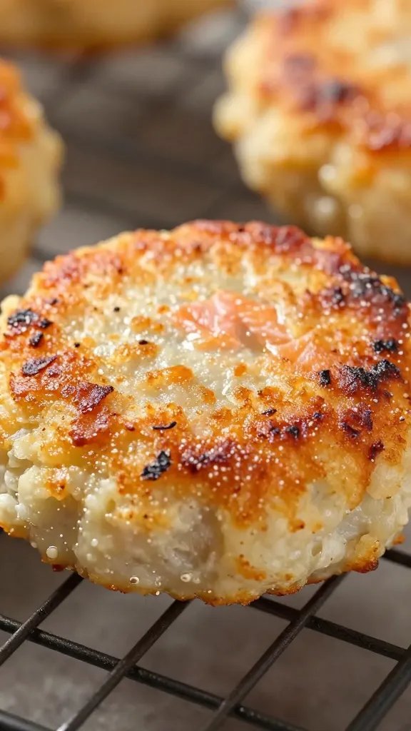 Closeup of a single salmon cake with crisp edges on rack