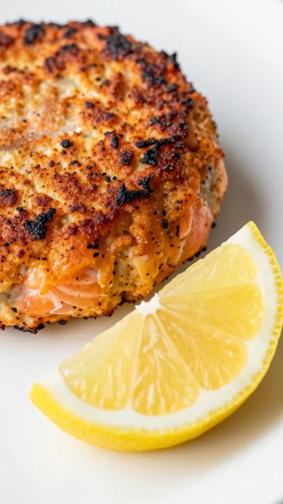 Closeup of a single lemon wedge beside a salmon cake