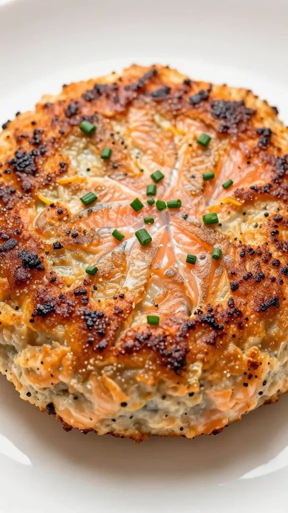 Tight shot of a single salmon cake with a light chive garnish