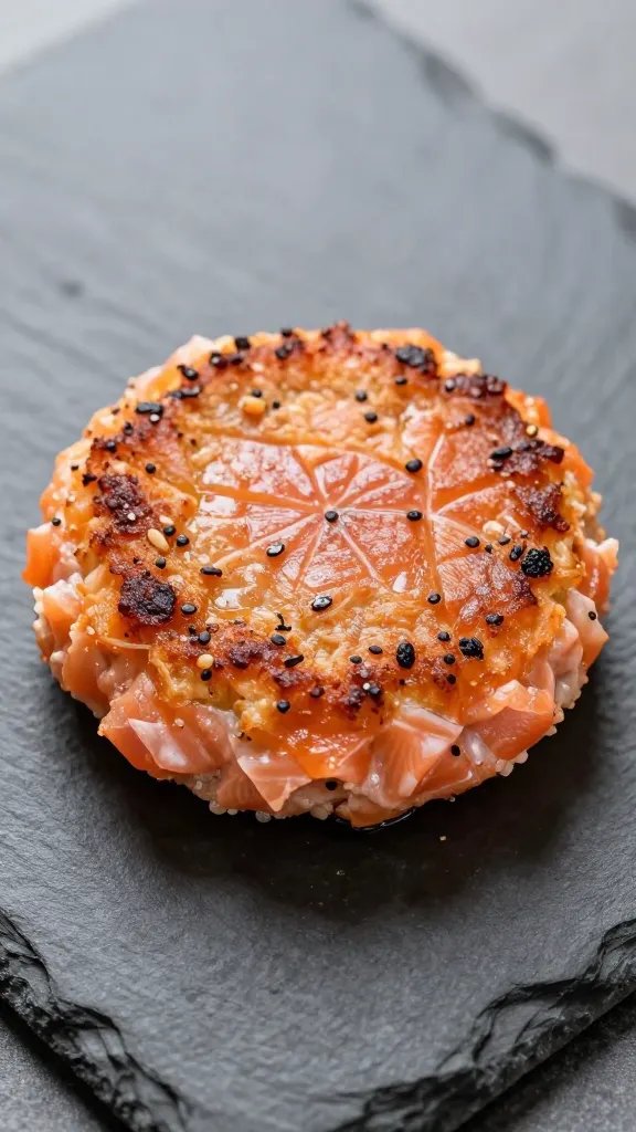 Closeup of a single salmon cake presented on a slate board