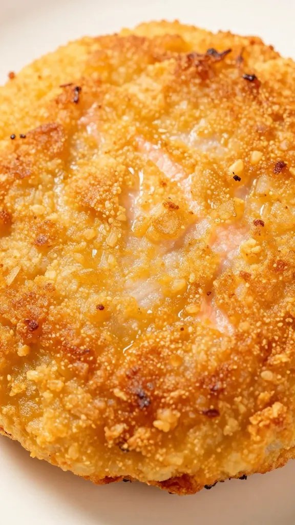Extreme closeup of the crusty surface of a single air-fried salmon cake