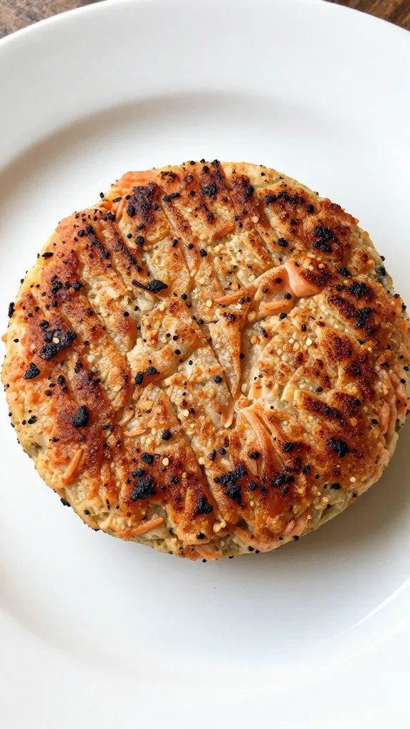 Closeup of a single salmon patty on a white plate