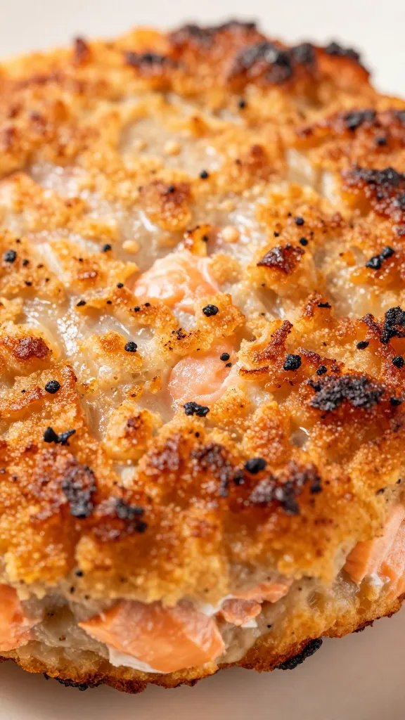 Macro shot of crispy salmon patty texture, focus on crust