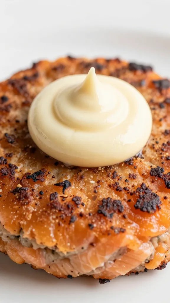 Closeup of mayo dollop atop salmon patty
