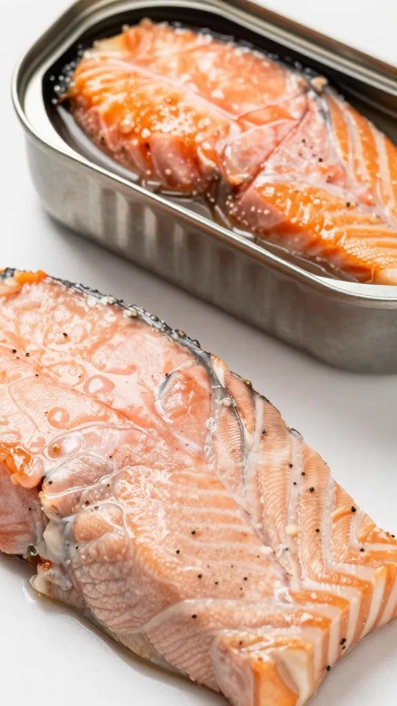 Closeup of canned salmon can beside patty starter mix