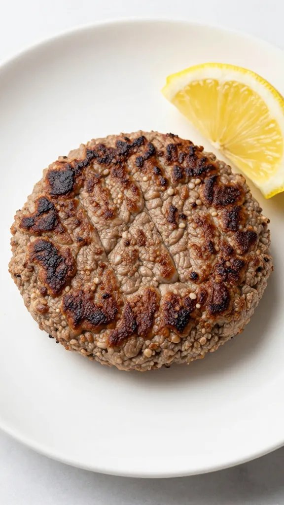 Single patty being plated with lemon wedge