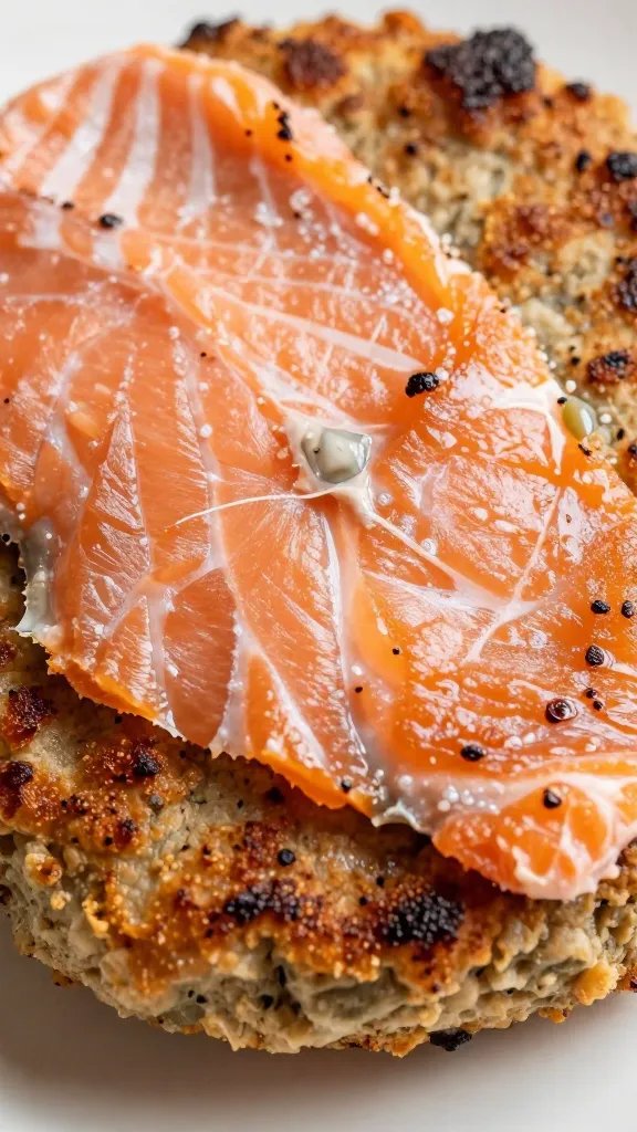 Closeup of flaked salmon visible inside patty