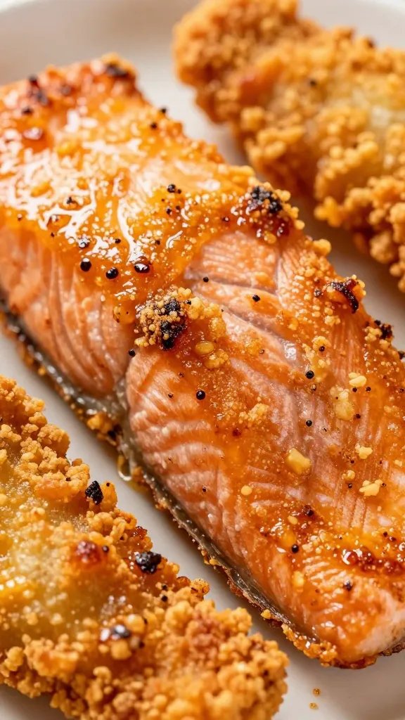 closeup of crispy air-fried salmon with caramelized crust