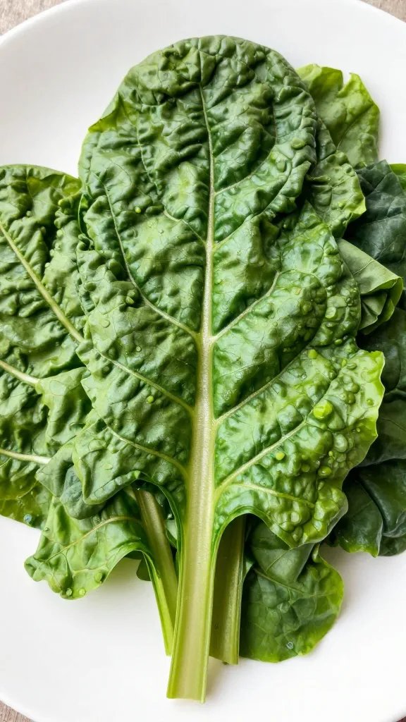 closeup of wilted Swiss chard leaves on bright plate