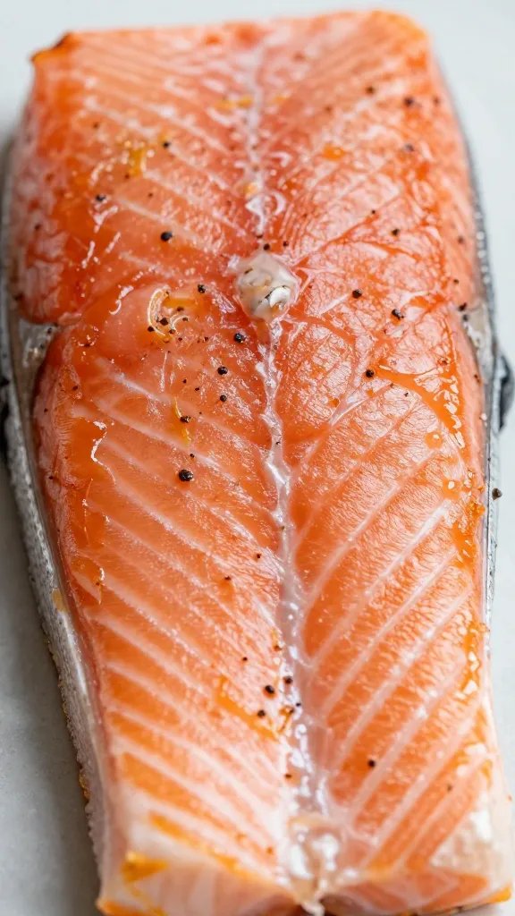 closeup of seasoned salmon fillet with flaky interior