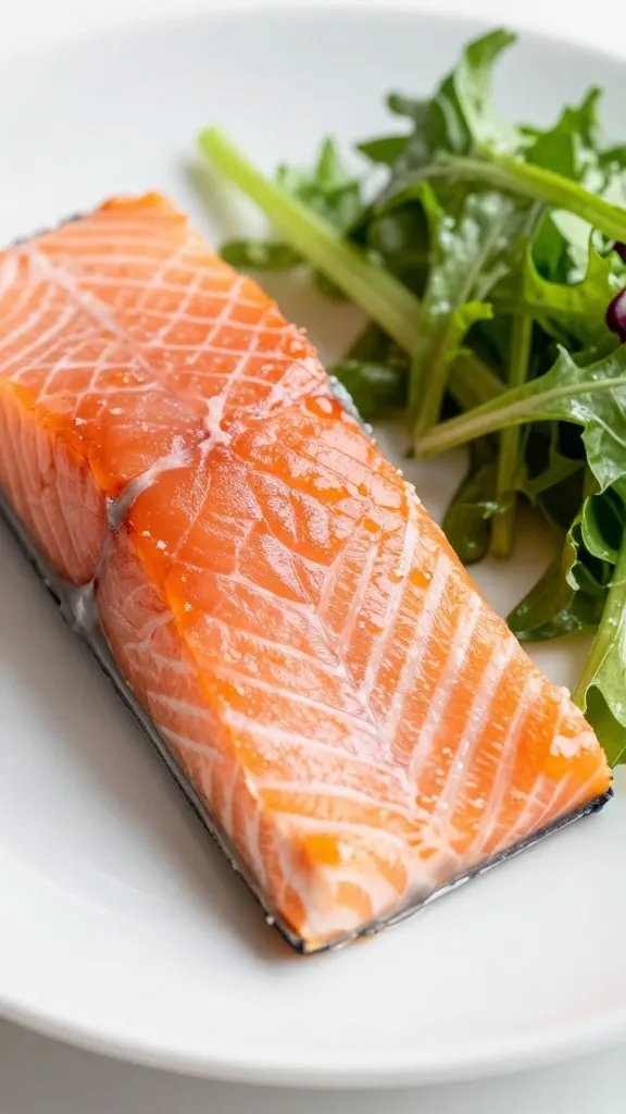 closeup of salmon being plated beside greens on white plate