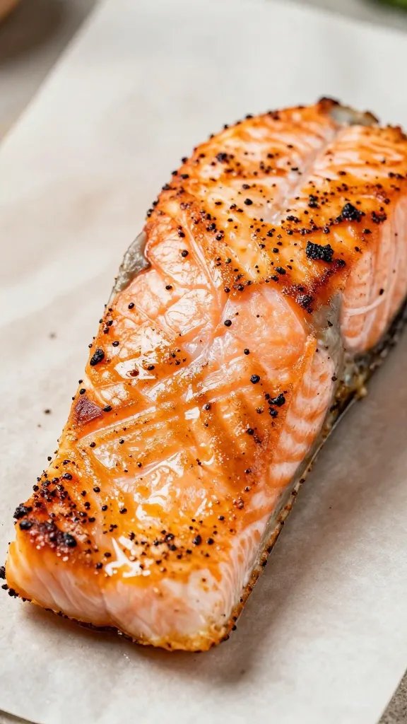 closeup of peppered, seared salmon resting on parchment