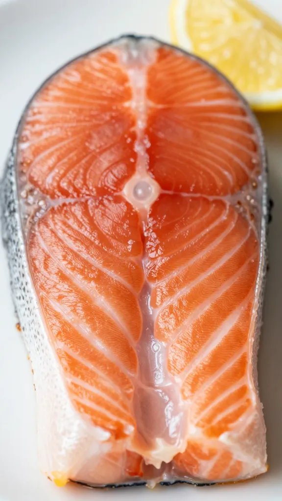 closeup of single salmon fillet with lemon wedge garnish
