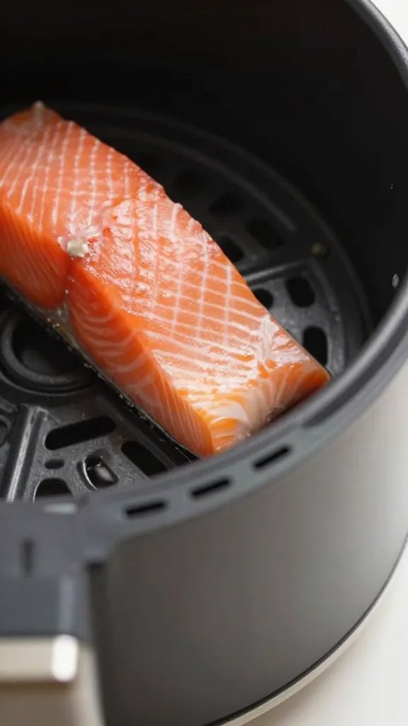 closeup of glossy air fryer basket edge with salmon contact