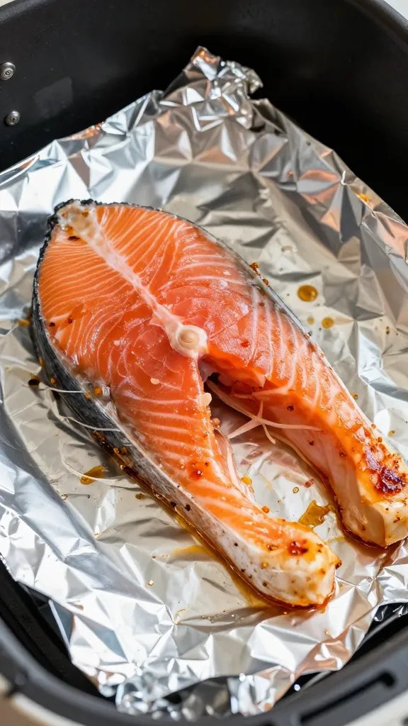 closeup of salmon skin crisping in air fryer foil packet