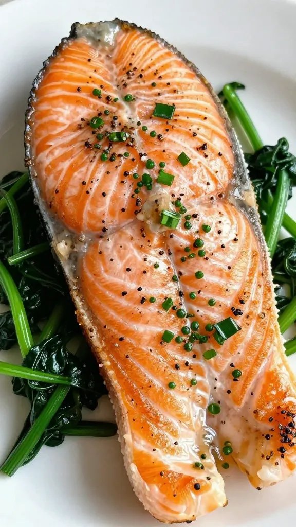closeup of plated salmon with sautéed greens under natural light