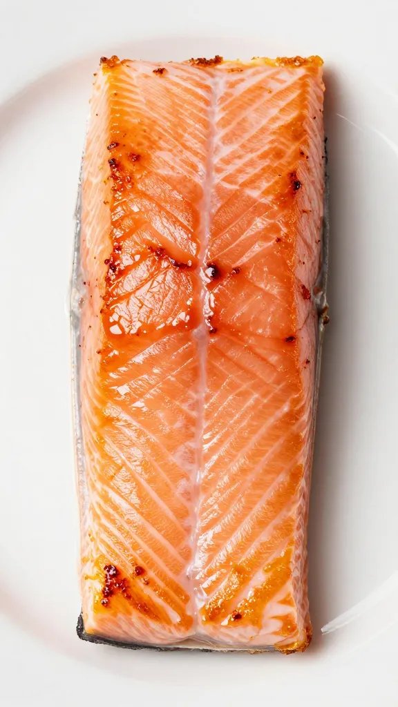 closeup salmon fillet with crisp glazed edges on white plate