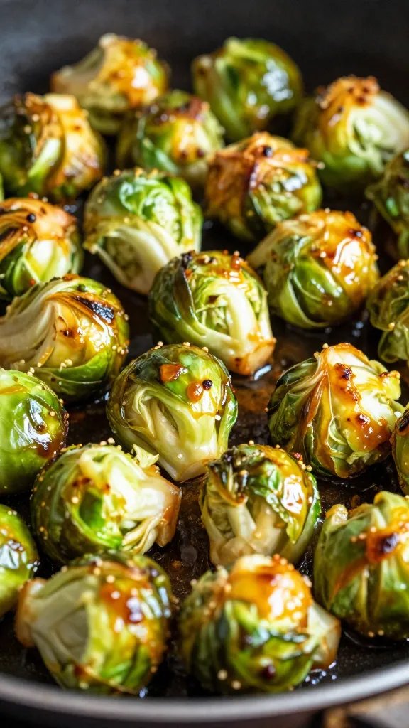 closeup Brussels sprouts caramelized on pan, sizzling