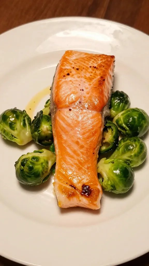 single plated salmon and Brussels sprouts, tight crop, warm lighting