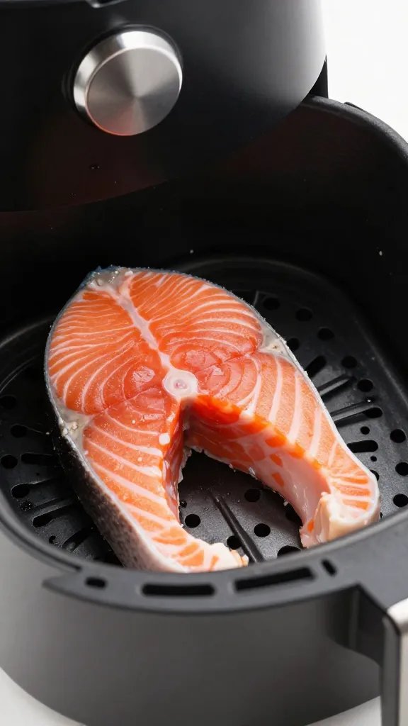 raw salmon portion ready for air fryer, studio closeup