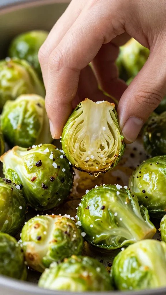 assemble closeup: oil and salt tossed Brussels sprouts before roast