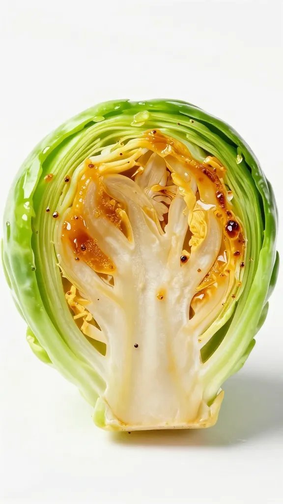 single Brussels sprout half with caramelized interior, macro shot
