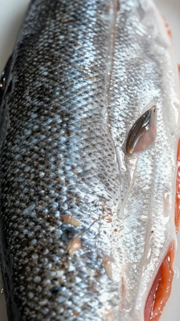 juicy salmon skin closeup, flaky texture visible