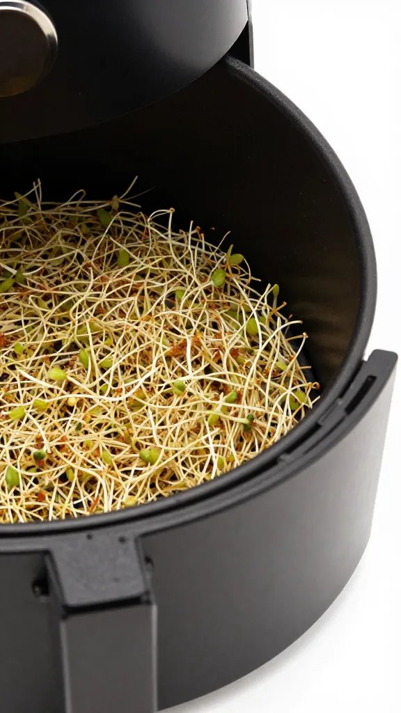 single air fryer basket edge with seasoned sprouts, shallow depth