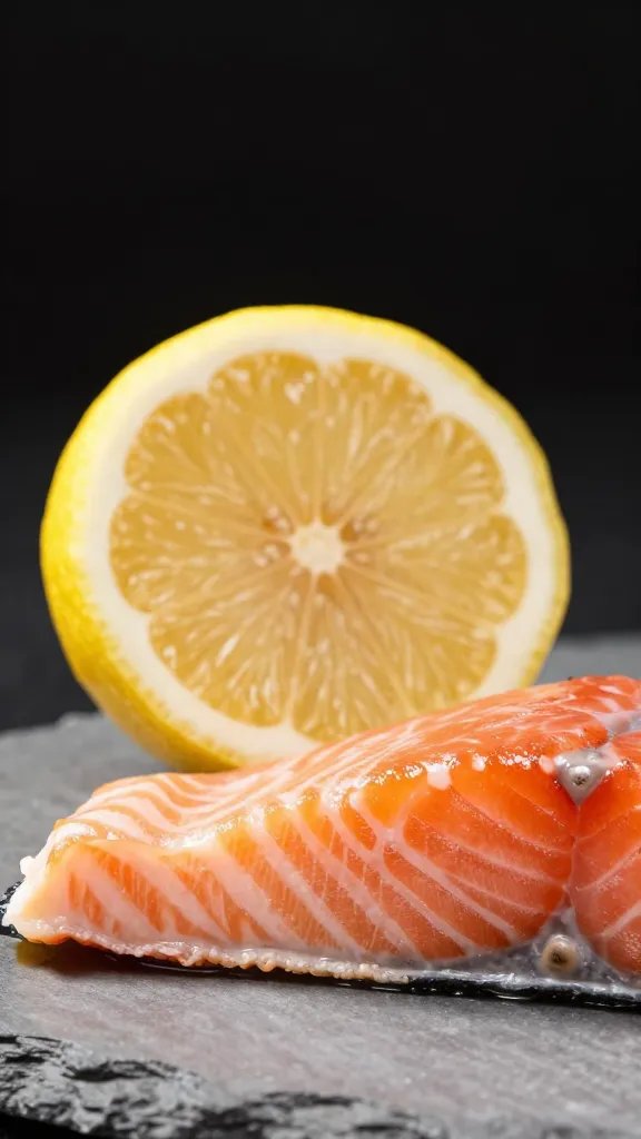 studio closeup of lemon wedge beside salmon fillet, high contrast