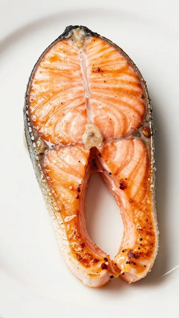 Closeup of a perfectly seared salmon fillet on a white plate