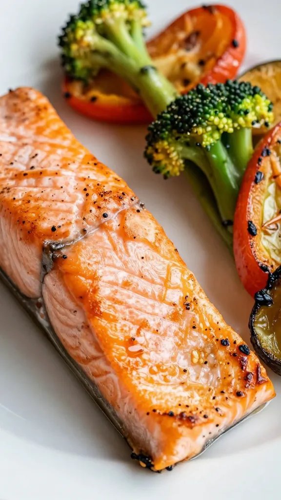 Closeup of crisp-tender roasted vegetables beside salmon
