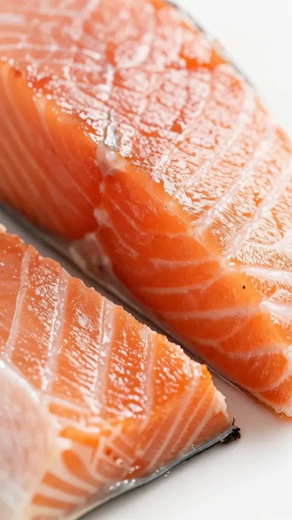 Closeup of flaky salmon surface showing juicy interior