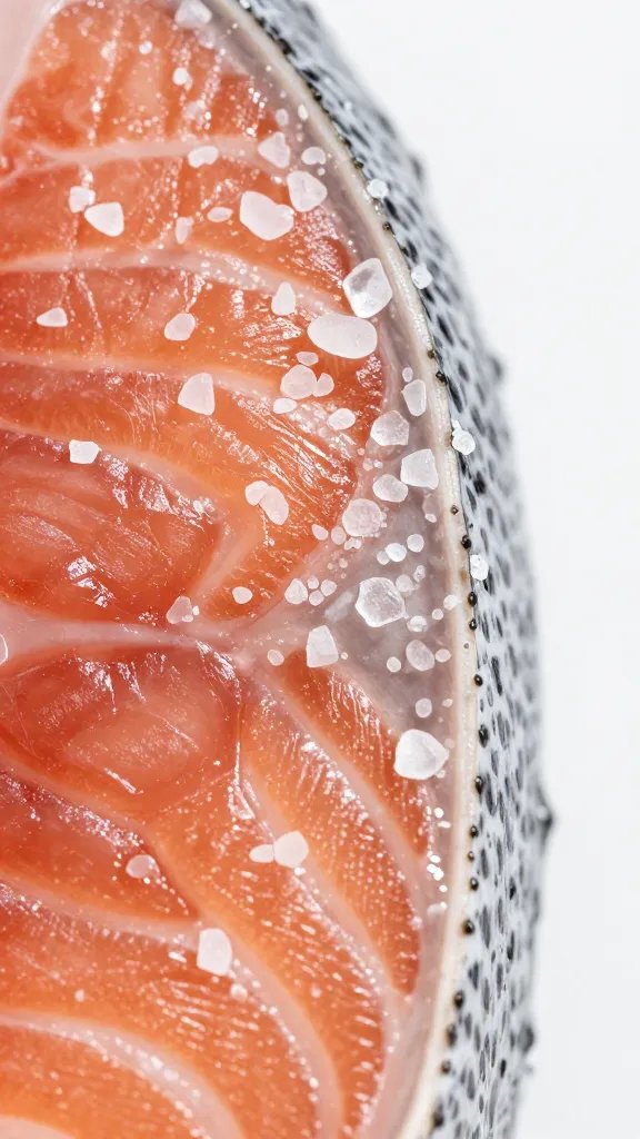 Closeup of salt crystals on salmon skin edge