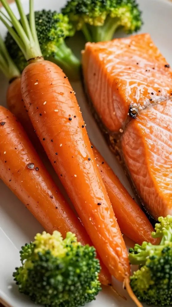 Closeup of vibrant roasted carrots and broccoli with salmon