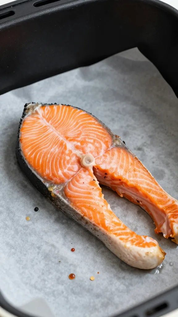Closeup of air fryer parchment-lined surface with salmon