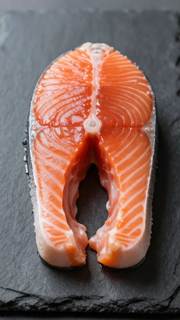 Closeup of single salmon fillet resting on a dark slate plate