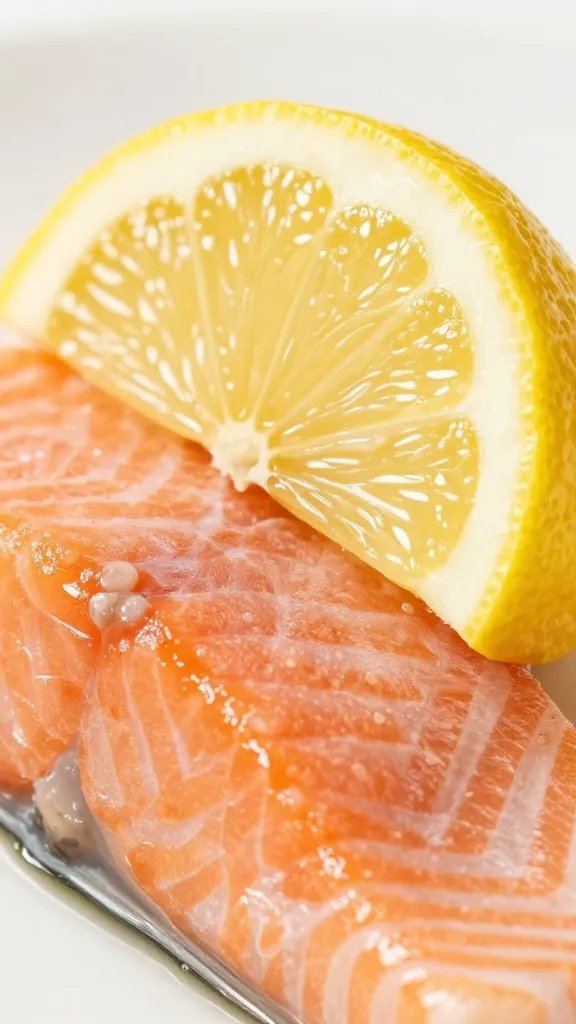 Closeup of lemon wedge about to garnish salmon