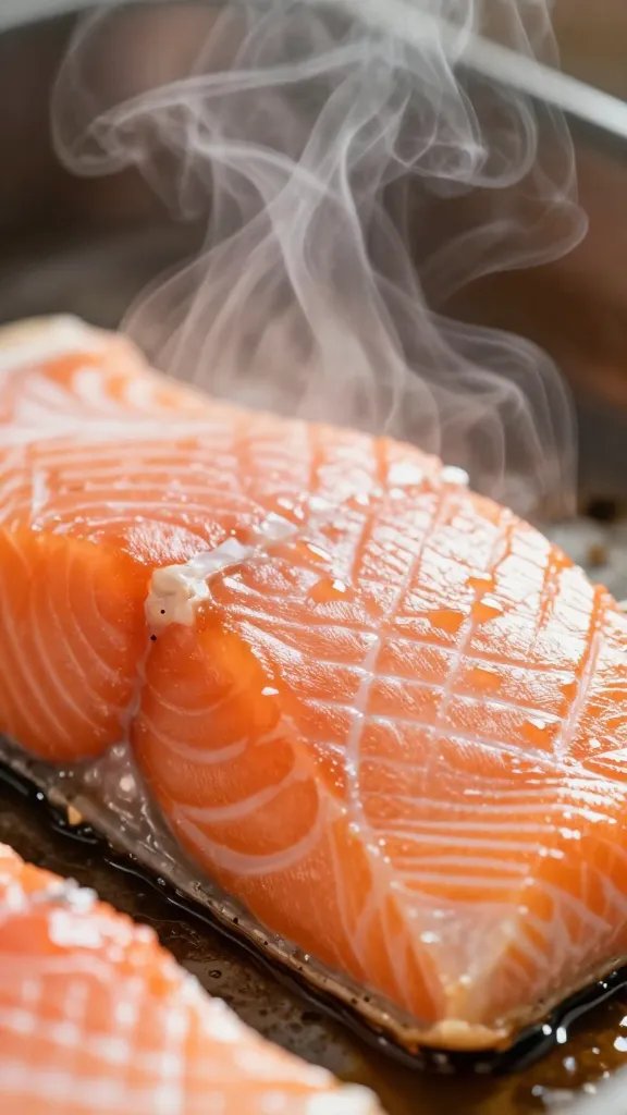 Closeup of steam rising from hot salmon fillet