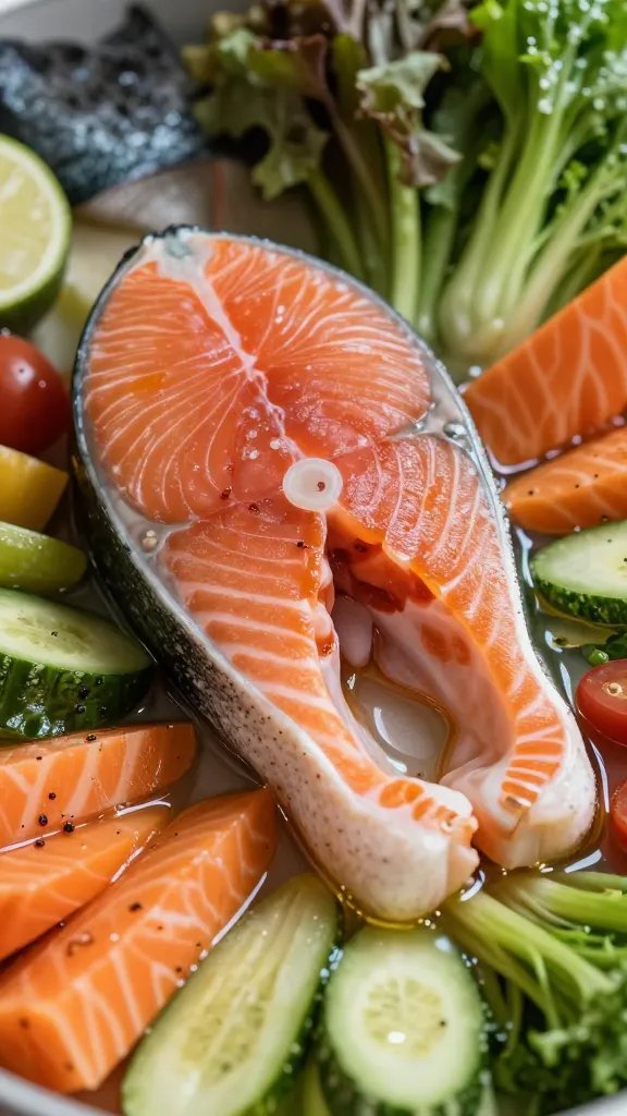 Closeup of a light oil sheen on vegetables around salmon