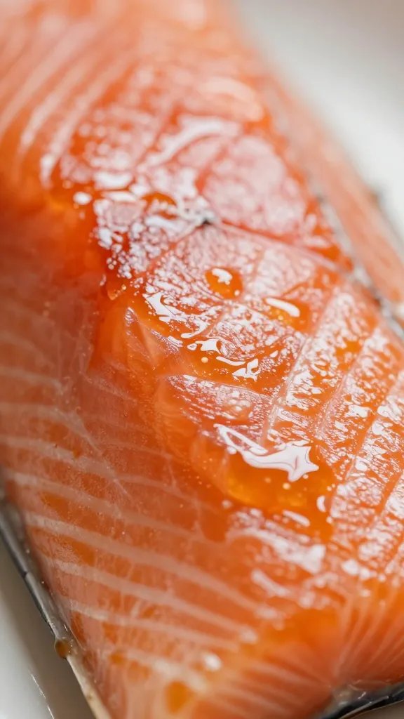 closeup salmon glaze glossy coating on fillet