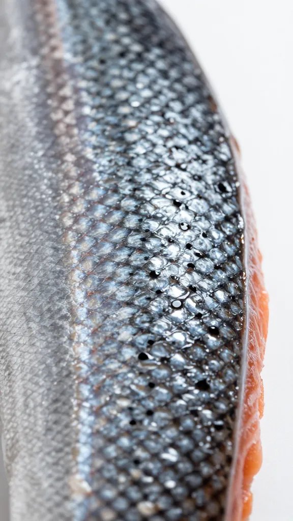 closeup crisp edge salmon skin with lacquer finish