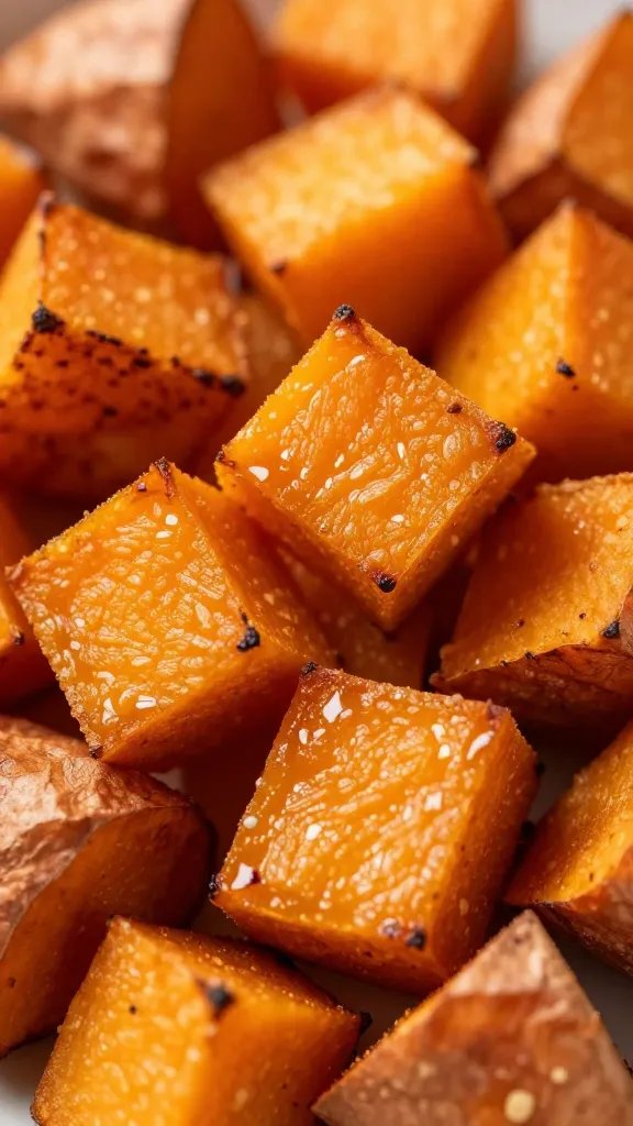 closeup roasted sweet potato cube crisped edges