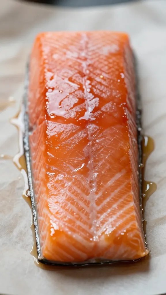 closeup single salmon fillet on parchment with glaze
