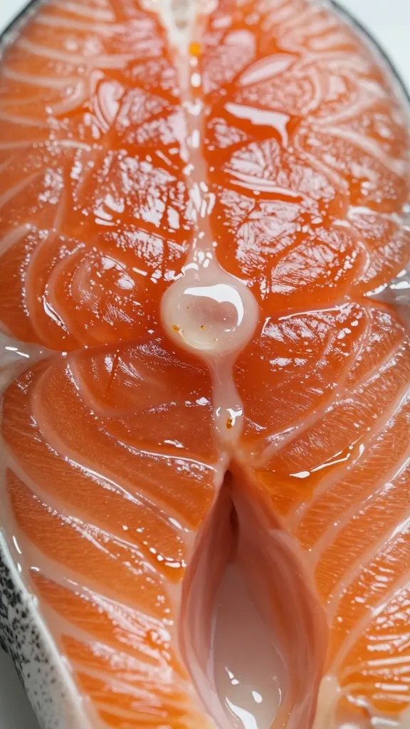 closeup glossy glaze drip on salmon surface