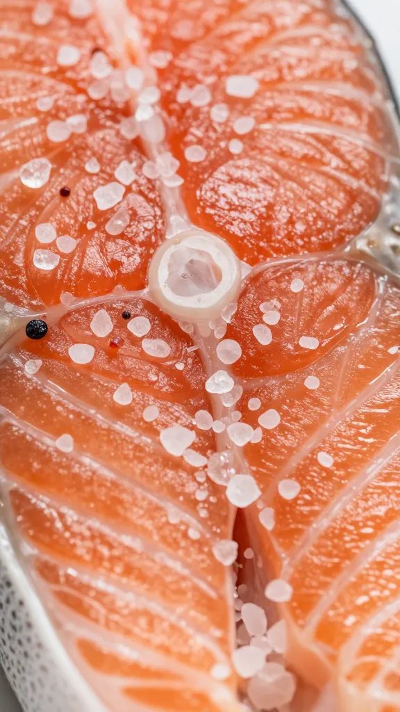 closeup salt crystals on salmon surface